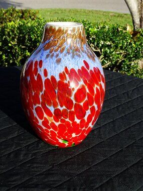 Glass Flower Vase 9.5" tall Gold & Red Designs